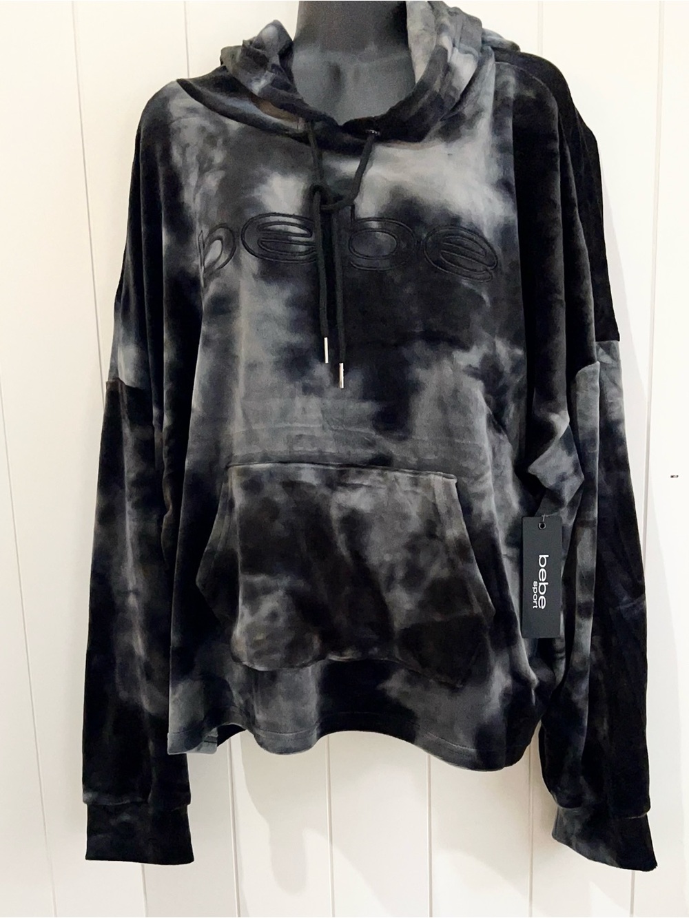BEBE NWT Velour Tie Dye  Hoodie Pullover Athletic Size 3X Black Gray